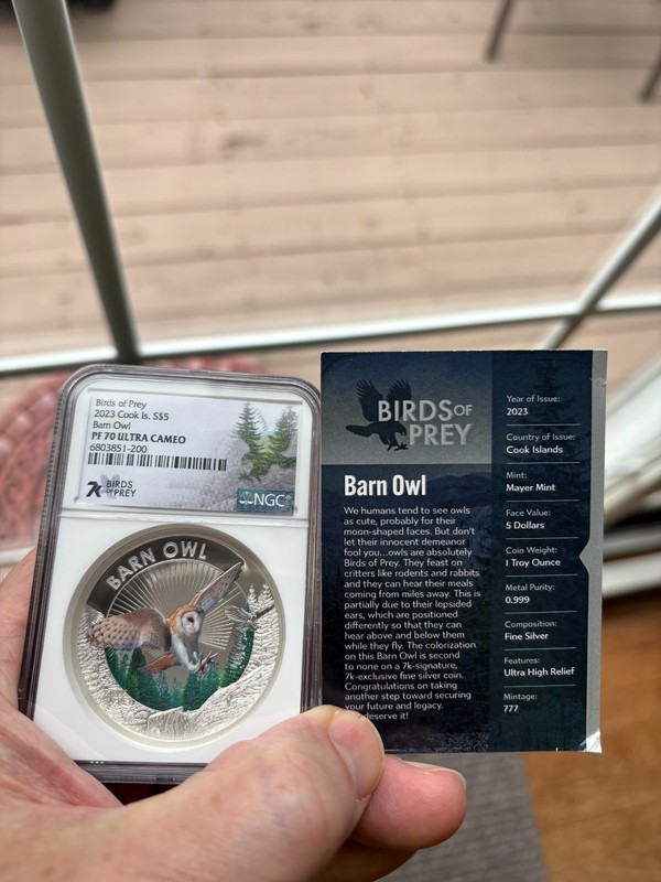 2023 Cook Is. Birds Of Prey Barn Owl 1 oz Silver Coin PF70 Ultra Cameo