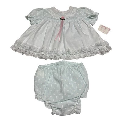 Vintage Allison Ann Girls Blue/White Floral Lace Dress & Bloomers 2pc Set Bow