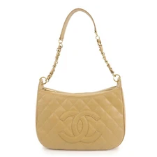 Authentic CHANEL COCO Mark Matelasse Shoulder Bag CaviarSkin Beige Used F/S