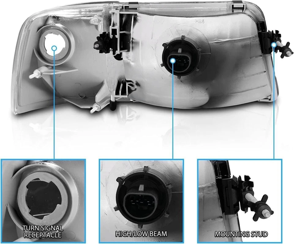 For 1993-1997 Ford Ranger Chrome Housing Headlights+Corner Turn Signal Lamps Set - Image 4 of 4