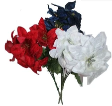 1 Bush, 13" Velvet Sparkling Christmas, 5 stems 4" Artificial Poinsettia Flowers