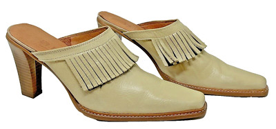 B.D.A Genuine Soft Leather Fringe Mules Cowboy Boots Heels 39 8.5 Beige