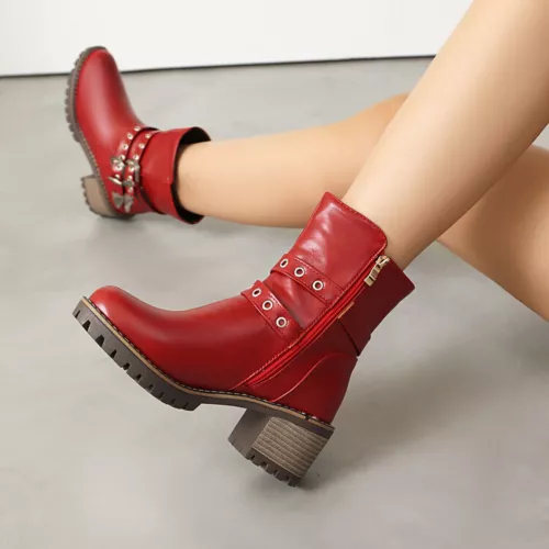 Women Booties Mid Chunky Heel Round Toe Zip Up Casual Buckle Fashion Ankle Boots - Bild 22 von 29