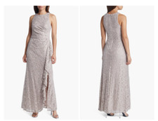 219 Alex Evenings Mother of Bride Ruffle Sequin Lace Gown in Buff 4 NEW A468