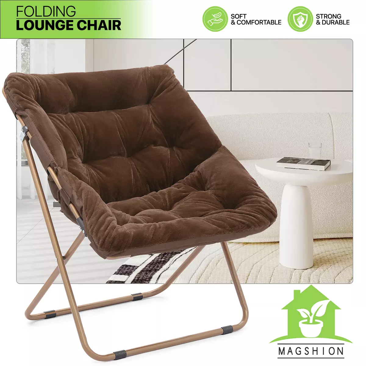 Foldable Saucer Lounge Cozy Moon Chair Brown Home Upholstery Comfy