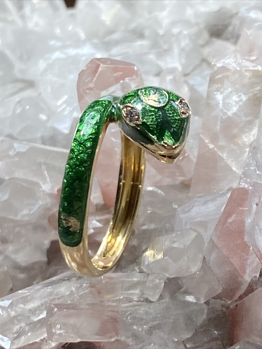 Enamel Antique Ouroboros Ring Vintage 18K Yellow Gold Green Enamel