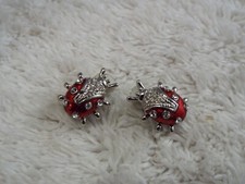 Silvertone Rhinestone Ladybug Clip-on Earrings D40 