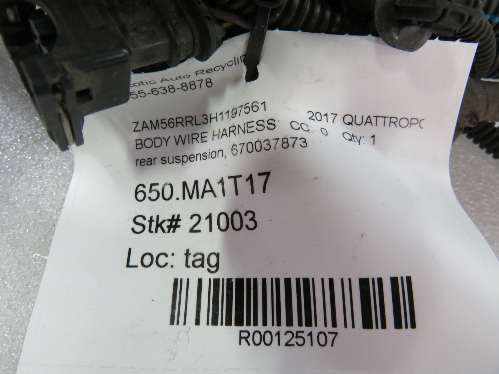 Maserati Quattroporte, Rear Suspension Body Wire Harness, Used, P/N 670037873