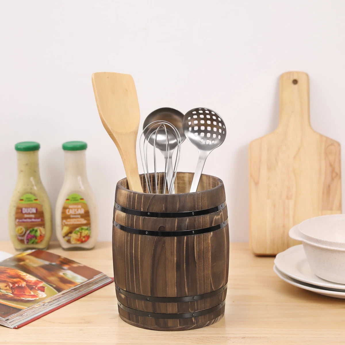 Wine Barrel Design Kitchen Utensil Crock Vintage Burnt Wood