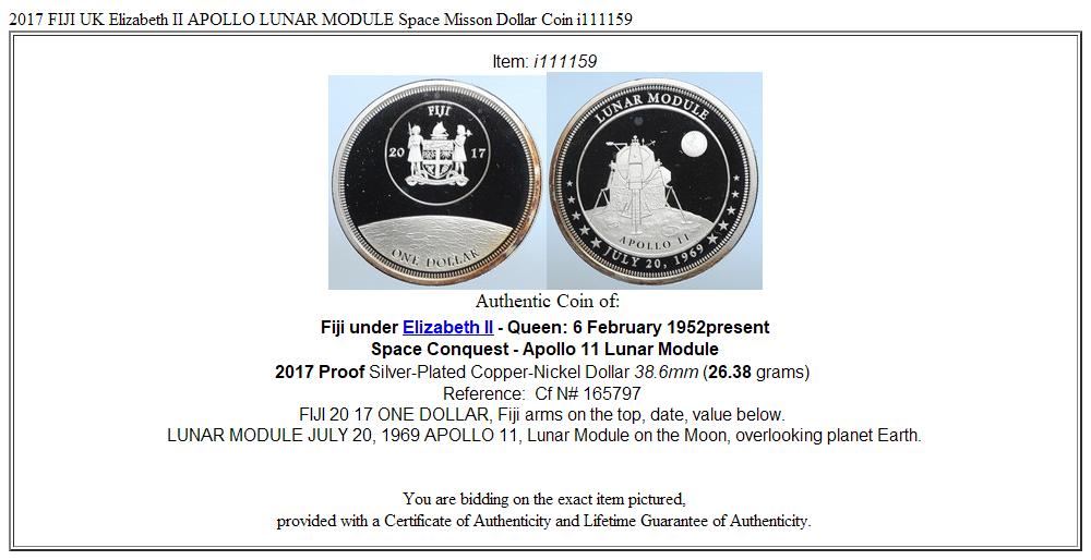 2017 FIJI UK Elizabeth II APOLLO LUNAR MODULE Space Misson Dollar