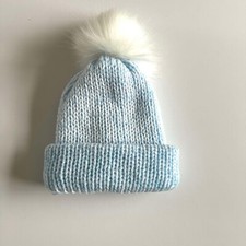 Handmade Baby Pom Pom Hat In Blue/White With Detachable White Pom Pom