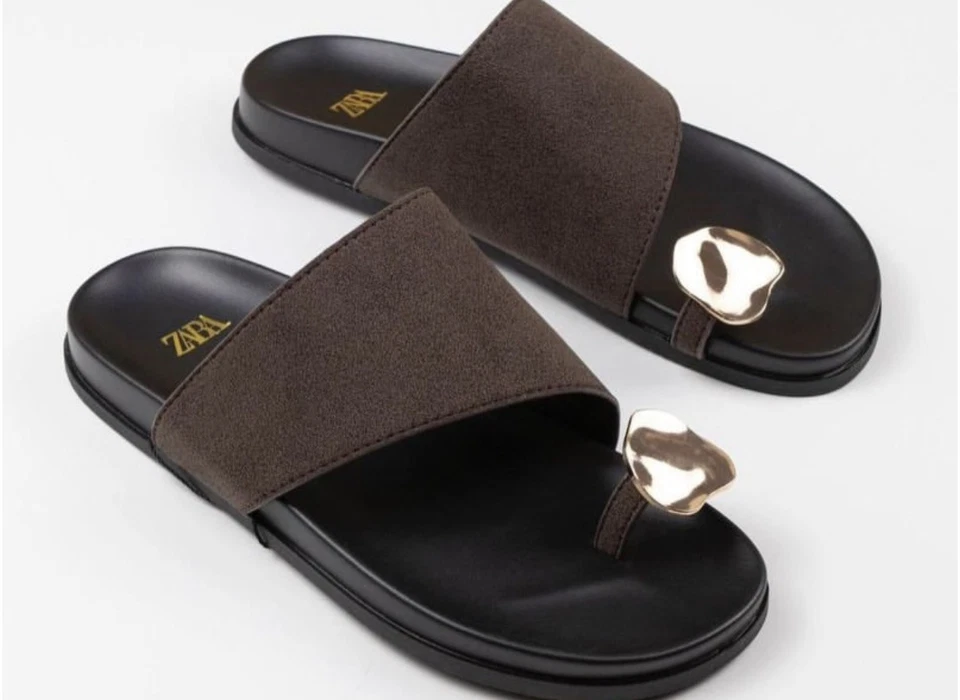 ZARA Tan Black Leather Toe Ring Flat Slide Sandals Gold Detail - Image 1 of 1