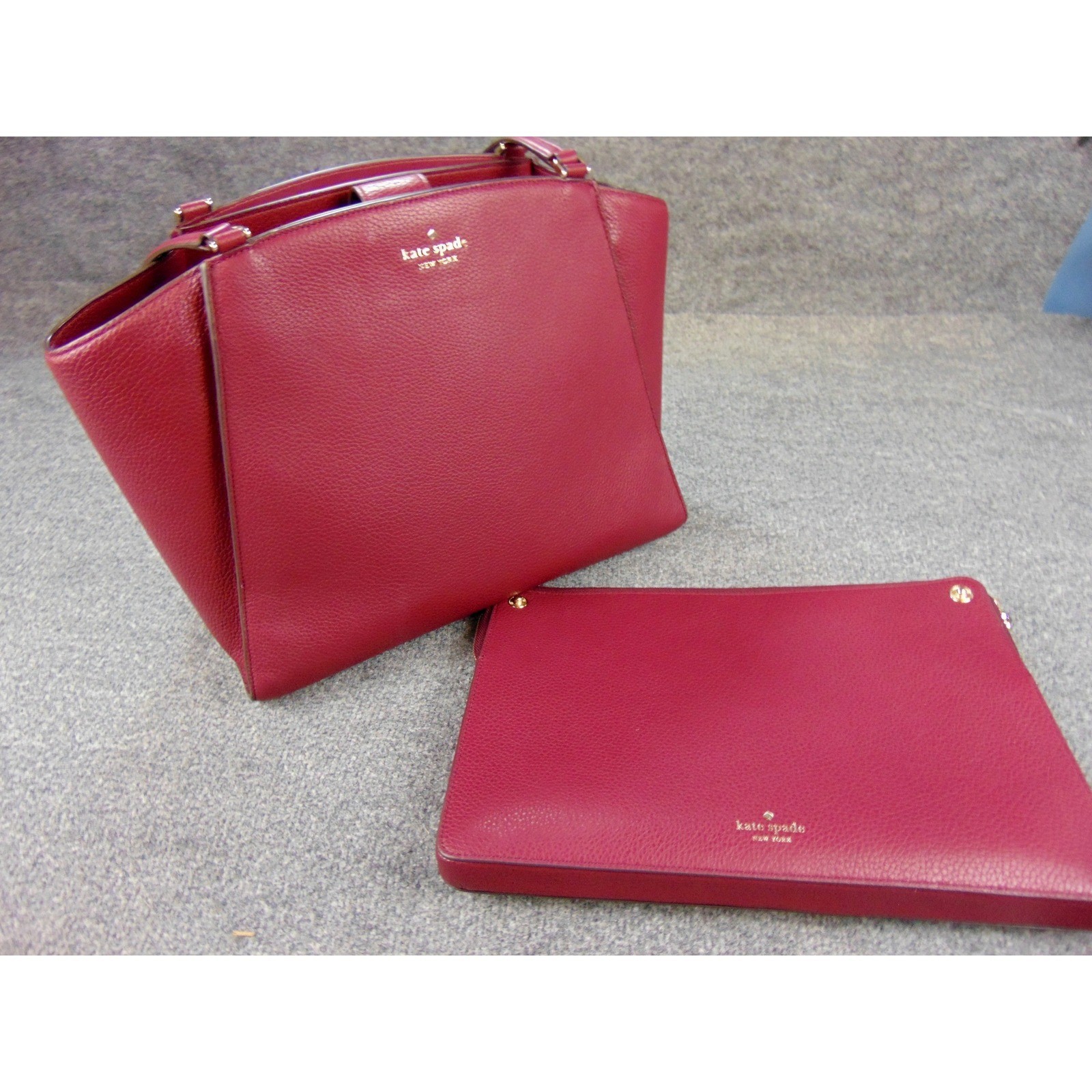 Kate Spade Tote Burgundy Red Pebbled Leather Satchel Bag with Pouch Shoulder Bag