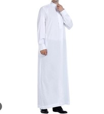 Traditional Men Saudi Style Thobe Classic - Full Length Long Sleeve - White Med