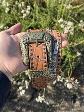 Vintage Nanni Italy Teal Multi Rhinestone, Solid Brass, Leather Belt Size 35-38