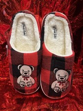 Moon Cake Red Buffalo Plaid Teddy Bear Slippers Memory Foam Womens Large 9/10