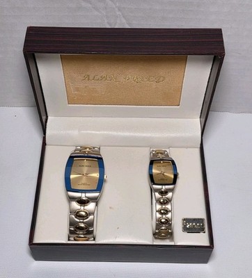 Alan Fried Blue Dial Silver Gold Tone Rectangle Case Stainless Steel Band Watch