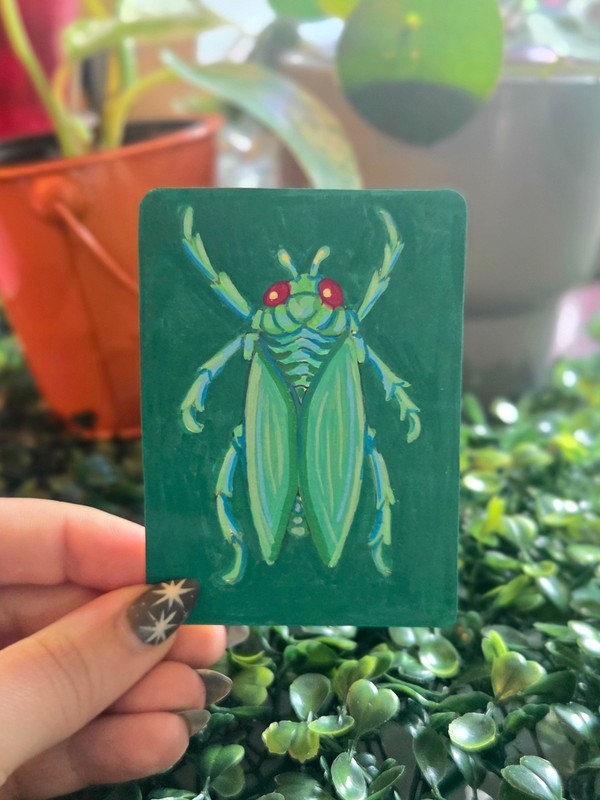 ACEO Original Cicada Beetle Acrylic Painting Bug Art 14/16 Signed by Ziggy Sands