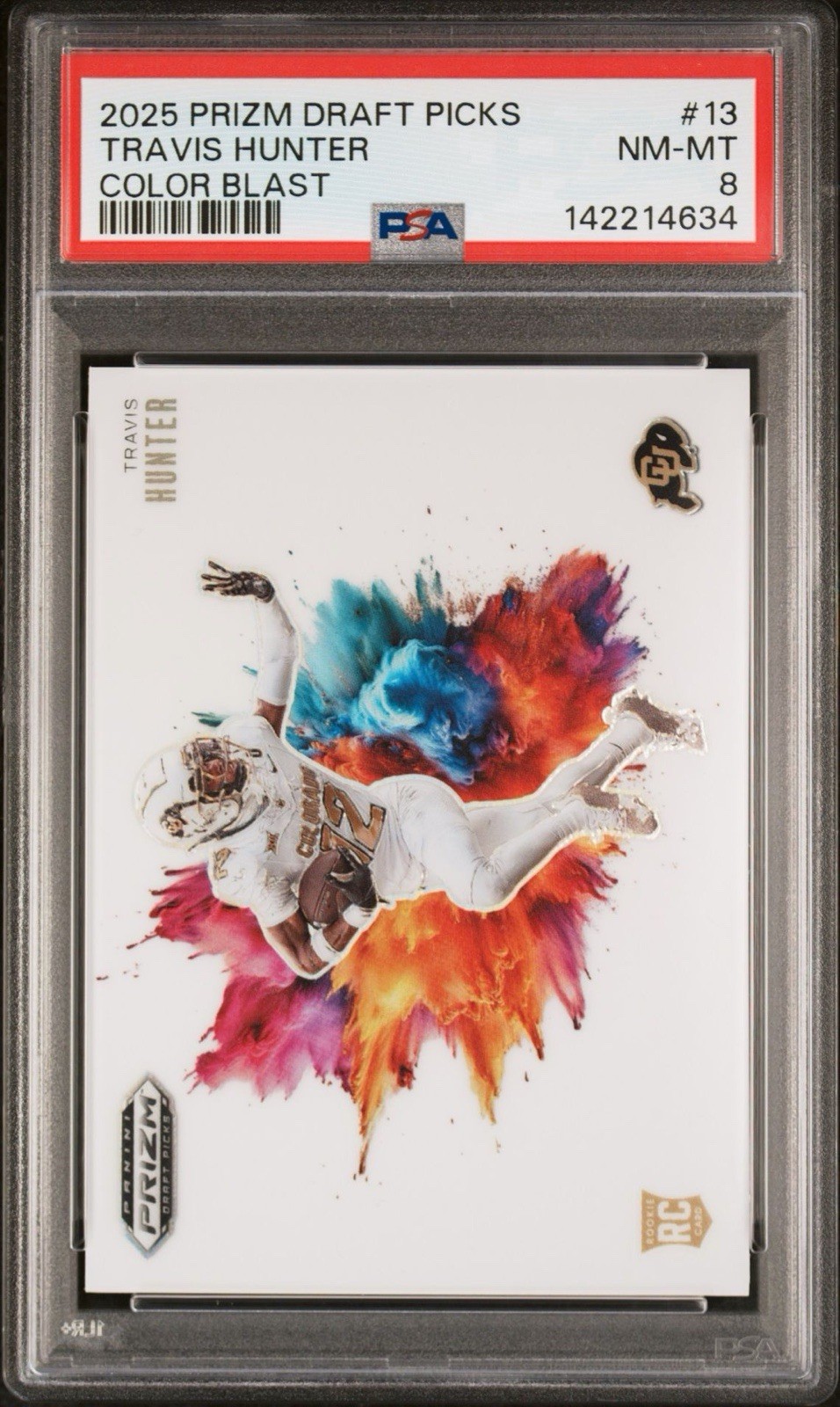 2025 PANINI PRIZM DRAFT PICKS COLOR BLAST #13 TRAVIS HUNTER ROOKIE RC PSA 8