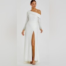 Mac Duggal 12231 White Beaded Cuff Drop Shoulder Faux Wrap Gown Size 2 NWT