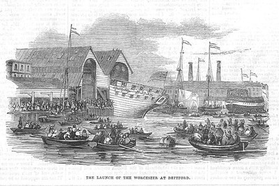 DEPTFORD Shipyard, The Launch of the Worcester - Antique Print 1843