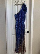 One Shoulder Sequin Gradient Gown Dress Blue Silver Brown Sleeveless Formal