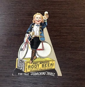 RARE 1897  HIRES IMPROVED ROOT BEER ! Easel-Back Cardboard BOY ON BIKE Die-Cut