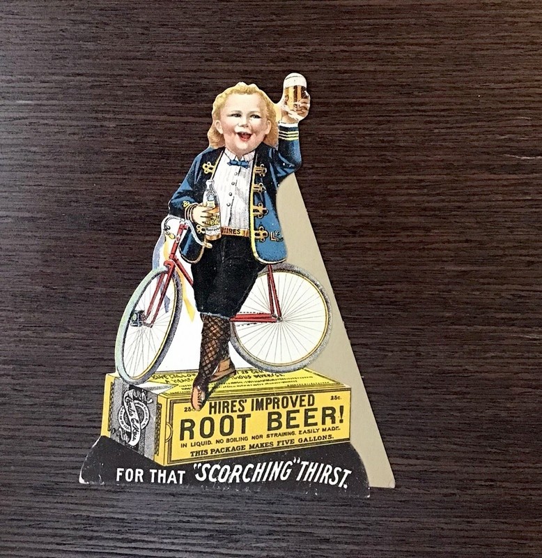 RARE 1897  HIRES IMPROVED ROOT BEER ! Easel-Back Cardboard BOY ON BIKE Die-Cut
