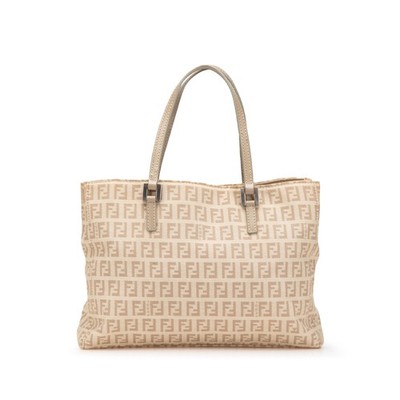 Authenticated Fendi Zucchino Canvas Tote Light Beige Calf Leather