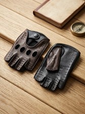 Men's fingerless leather gloves deerskin black brown