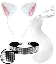 Cat Costume Accessories White Ears and Tail Costumes Set Furry Long Tale Faux