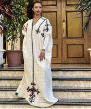 Habesha Women s Embroidered Maxi Long Robe Dress, One Size, Cotton, White