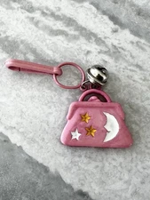 Vintage 1980s Plastic Bell Charm Pink Purse Moon Star 80s Necklace Clip