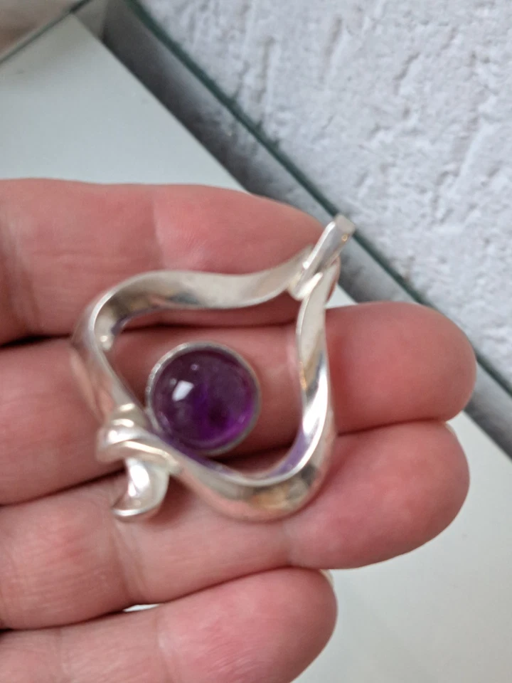 Bel Vecchio Ciondolo In Argento 835 Con Pietra Viola: Ametista 5cm - Immagine 4 di 4