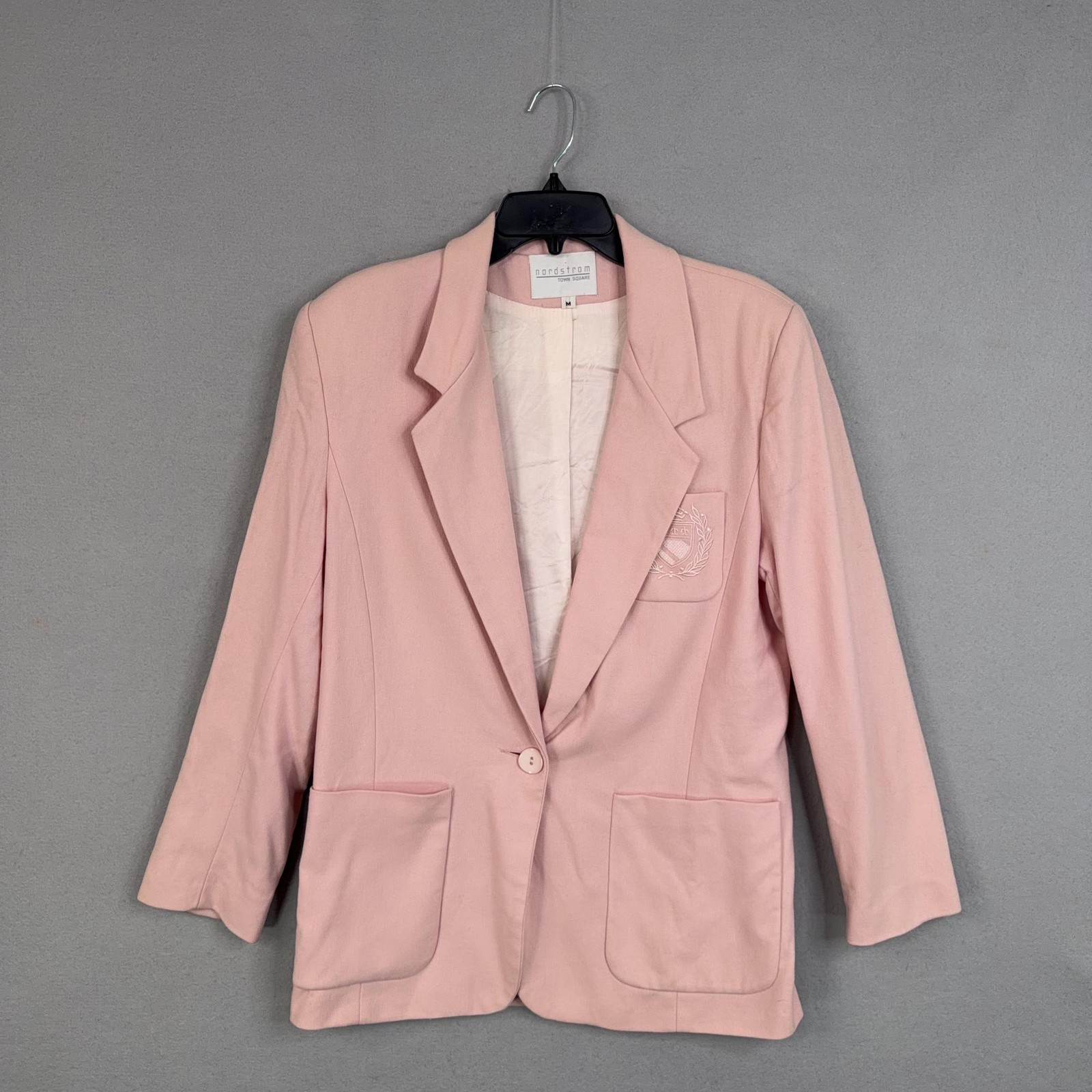 Vintage Nordstrom Blazer Womens Medium Pink Merino Wool Crest Patch Feminine