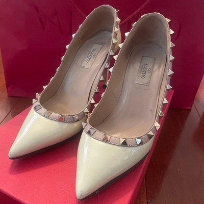 VALENTINO GARAVANI Women Rockstud Pumps Leather High Heel Size 36.5 Ivory