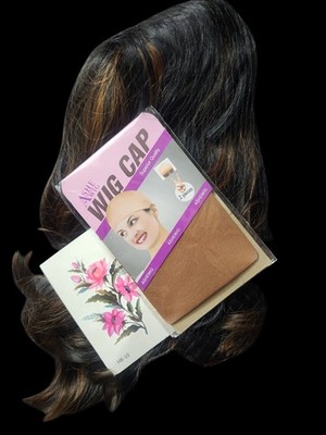 ASHEWIG Synthetic Wavy Layered Wig Black/Light Brown Highlights Free-Part