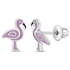Fancy Flamingo Pink Kids / Girls Earrings Screw Back Enamel - Sterling Silver