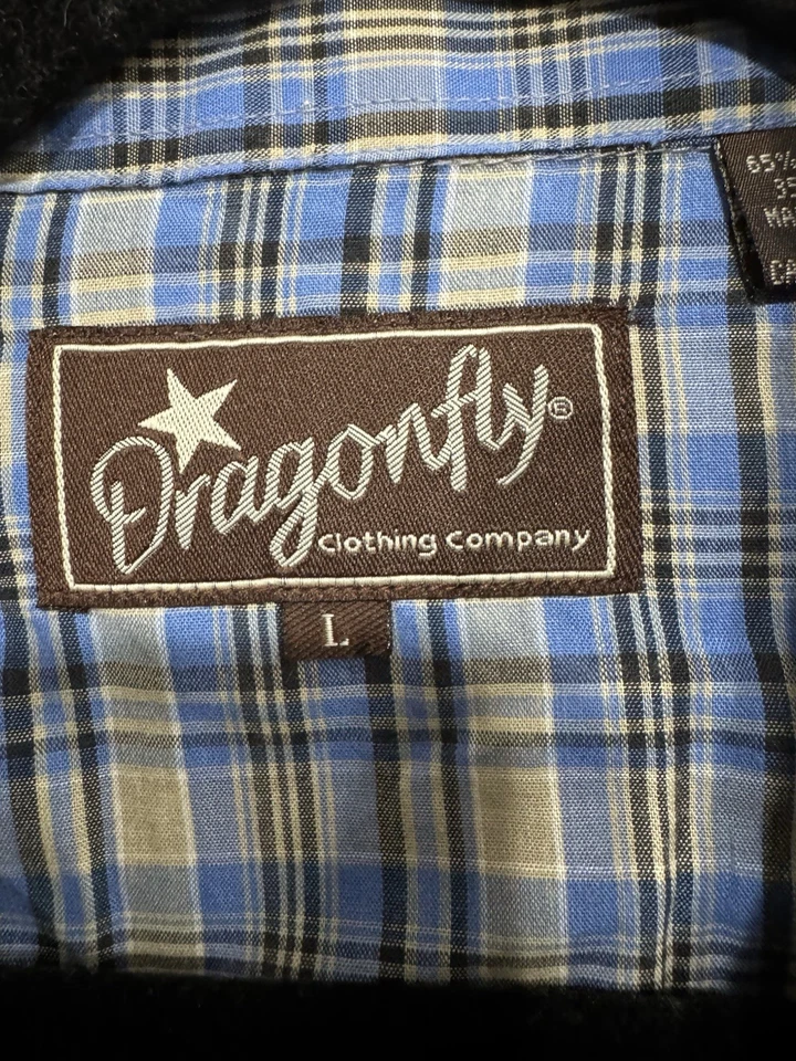 Camisa a Presión Libélula Occidental Para Hombres L Azul Tostado Cuadros Manga Larga Vaquero Rancho Foto 3 de 4