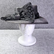 Fine Millinery August Accessories Silver Black Leopard Bow Straw Dress Hat NEW