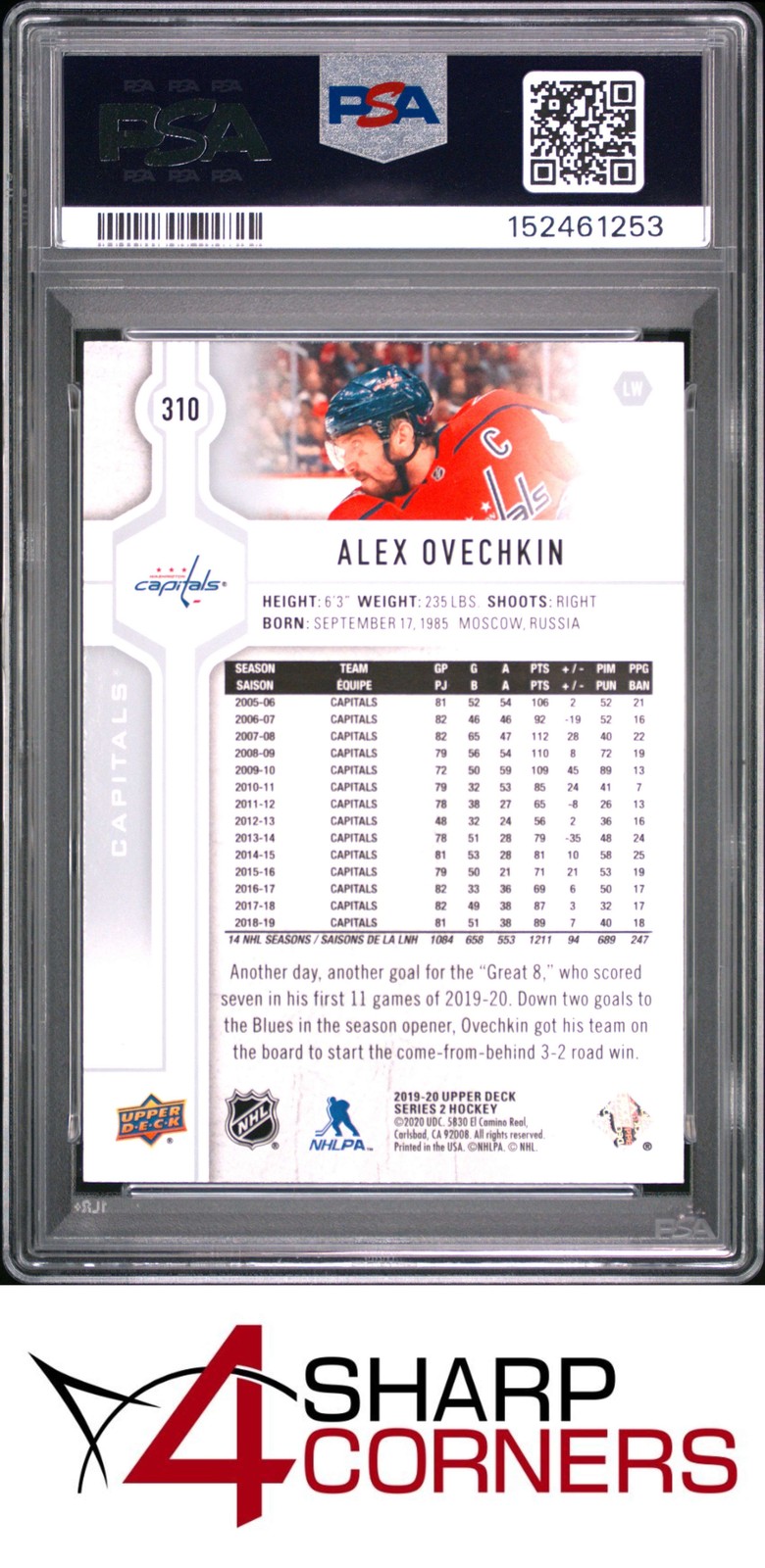 2019 UPPER DECK #310 ALEX OVECHKIN CAPITALS PSA 10 view 2