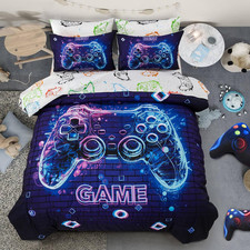 5Pcs Gaming Comforter Set,Blue Purple 3D Game Contoller Themed Printing Bedding