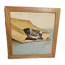 Lowell Herrero Vintage 1982 Signed Cat Playing In Bag Painted Tile Wall Decor 