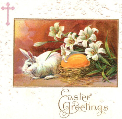 Easter Greetings Bunny embossed floral Postcard