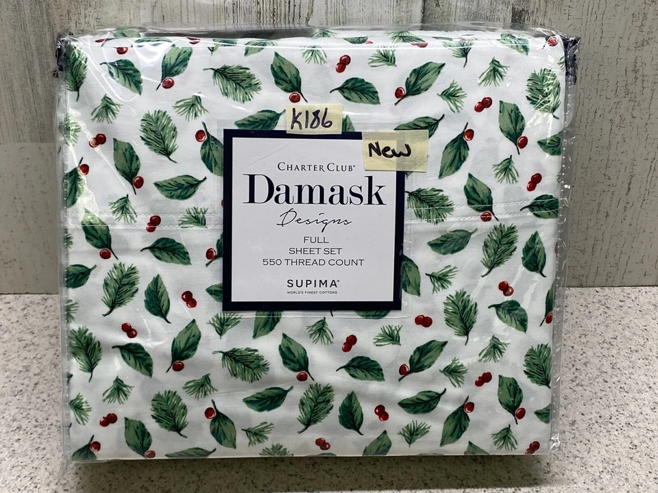 Conjunto completo de lençóis Charter Club Damask Designs 550 fios azevinho novo - Imagem 2 de 4