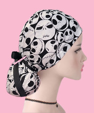 Nightmare Before Christmas ponytail surgical cap, Jack and Sally ponytail scrub