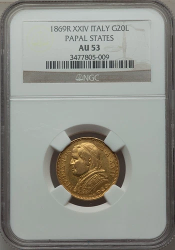 ITALY PAPAL STATES 1869 20 LIRE GOLD COIN ALMOST UNCIRCULATED CERTIFIED NGC AU53