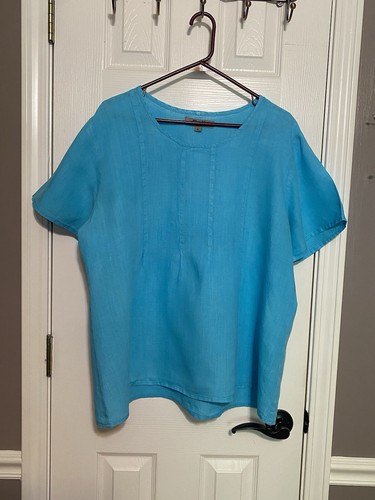 FLAX Aqua Linen Pintuck Tunic Top ~ L ~ B:49" ~ EC!