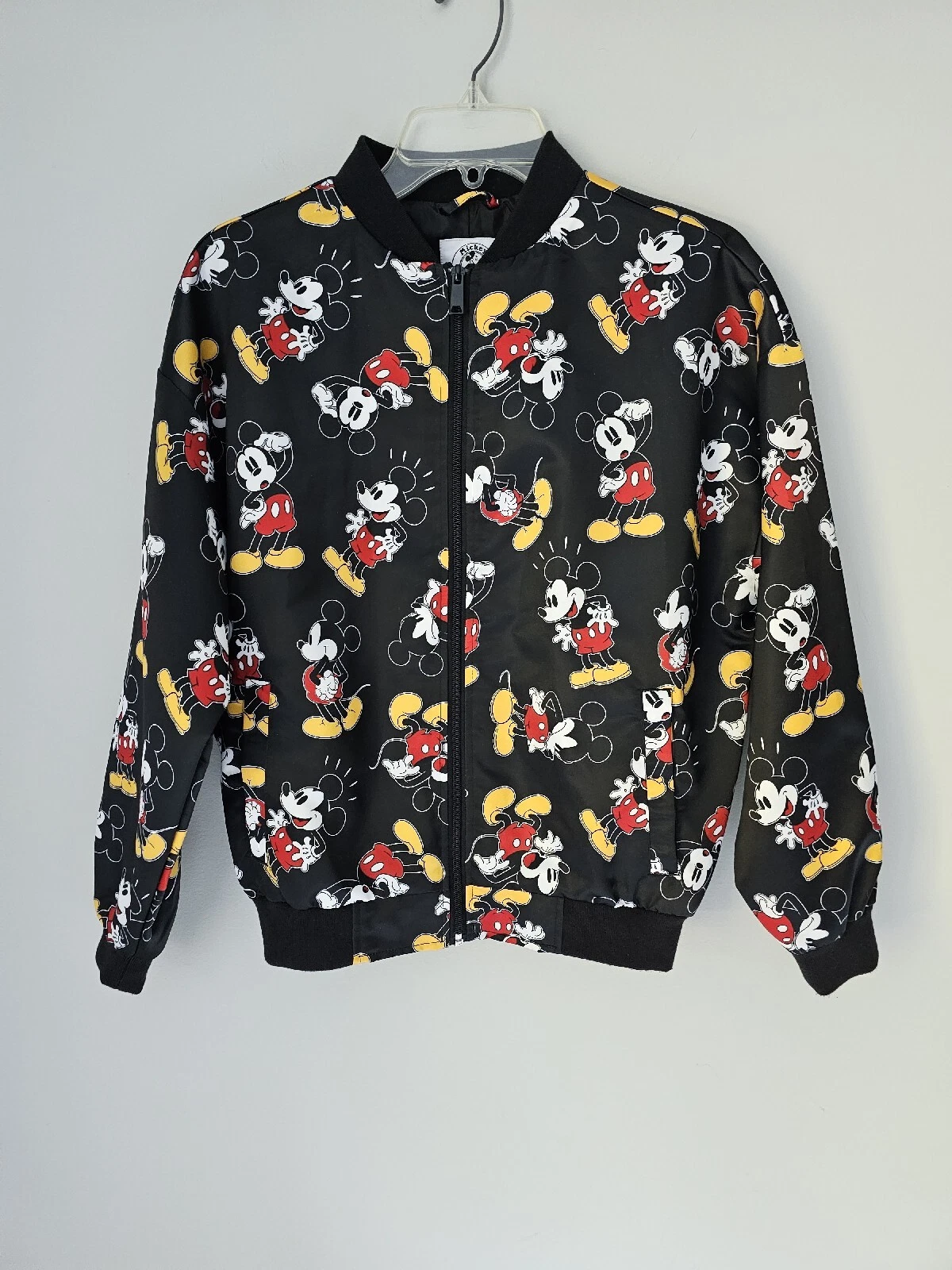 Disney Mickey & Co Bomber Jacket XS Mickey Mouse Print Black Oversized Zippered