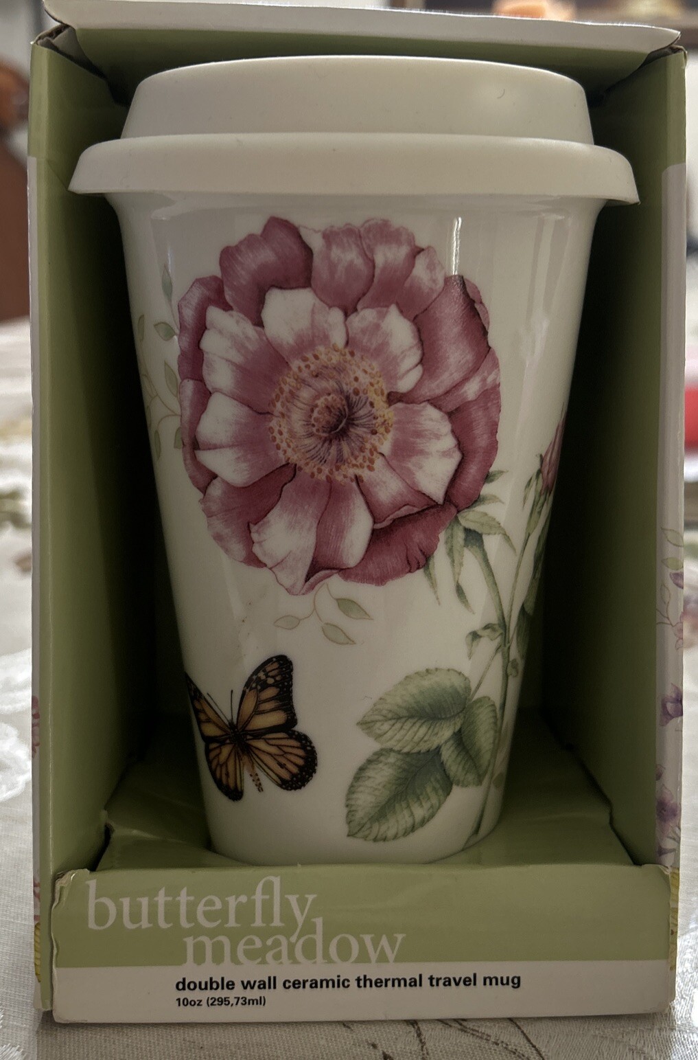 NEW Lenox Ceramic Thermal Travel Mug Butterfly Meadow Hydrangea and Butterflies